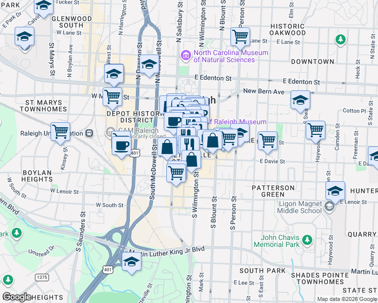 map of restaurants, bars, coffee shops, grocery stores, and more near 319 Fayetteville Street in Raleigh