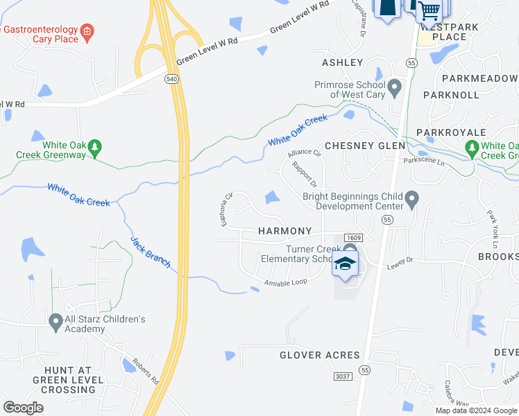 map of restaurants, bars, coffee shops, grocery stores, and more near 224 Euphoria Circle in Cary