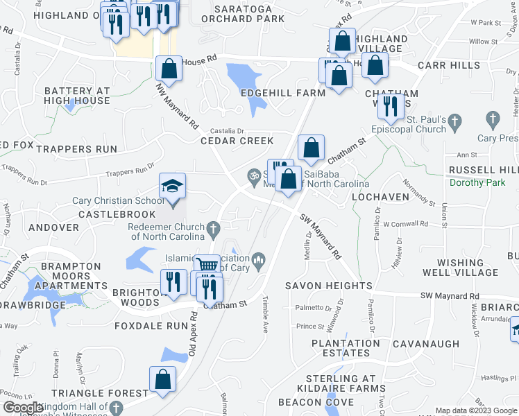 map of restaurants, bars, coffee shops, grocery stores, and more near 203 Candace Place in Cary