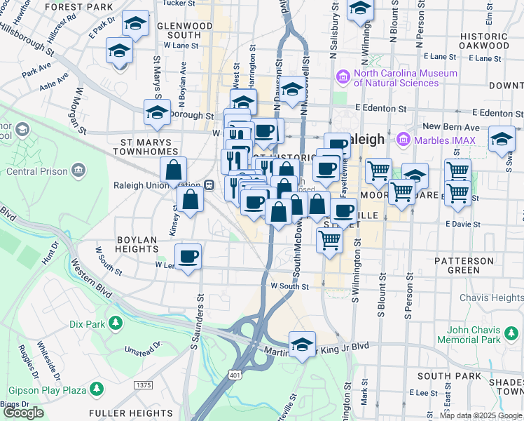 map of restaurants, bars, coffee shops, grocery stores, and more near in Raleigh