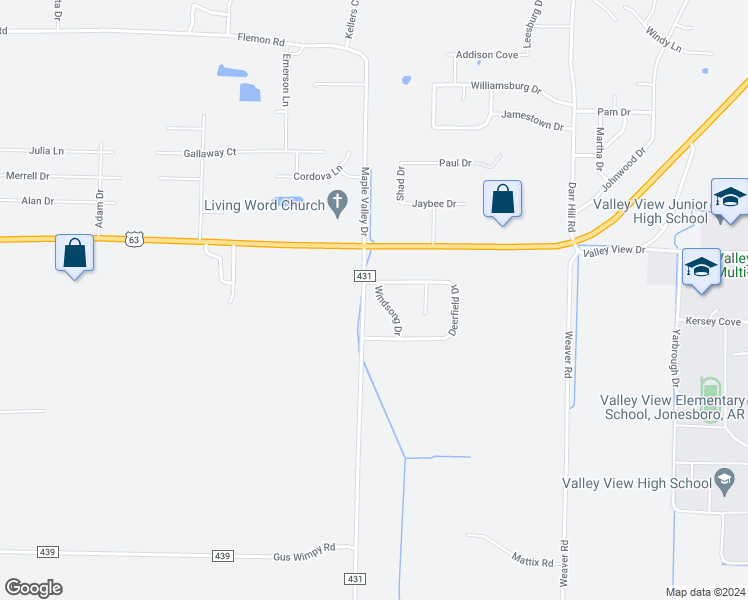 map of restaurants, bars, coffee shops, grocery stores, and more near 5609 Windsong Drive in Jonesboro