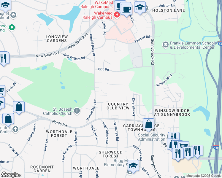 map of restaurants, bars, coffee shops, grocery stores, and more near 2908 Haven Road in Raleigh