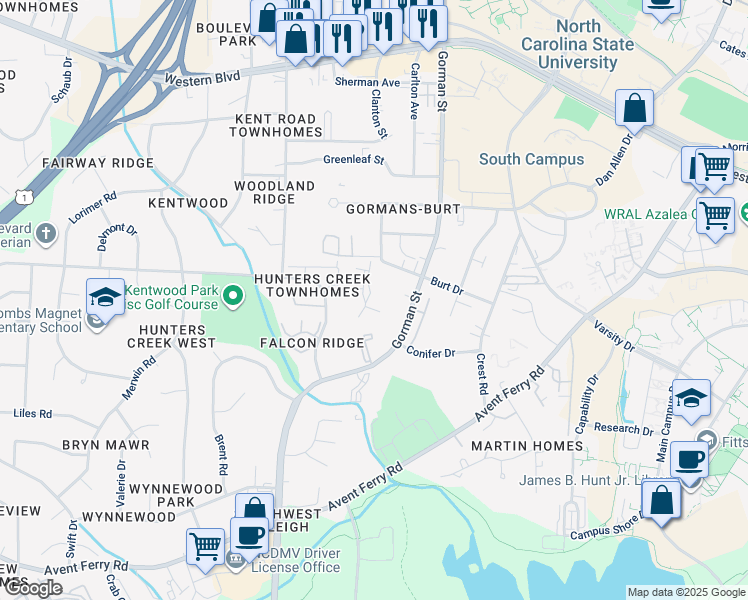 map of restaurants, bars, coffee shops, grocery stores, and more near 1825 Fox Sterling Drive in Raleigh