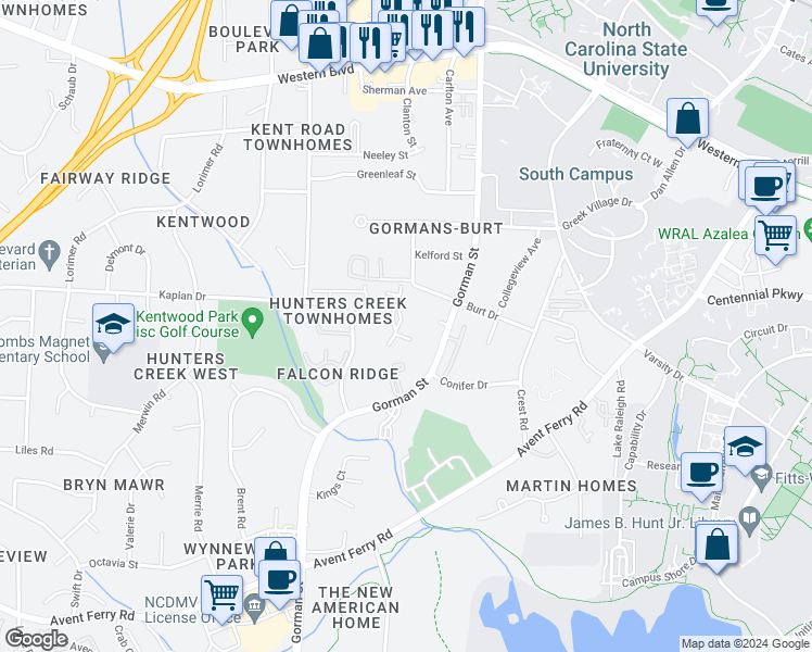map of restaurants, bars, coffee shops, grocery stores, and more near 1825 Fox Sterling Drive in Raleigh