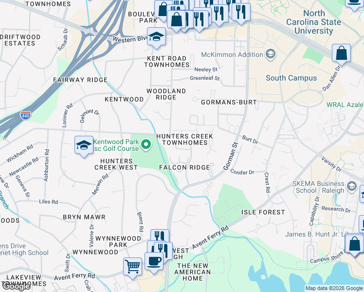 map of restaurants, bars, coffee shops, grocery stores, and more near 4307 Kaplan Drive in Raleigh
