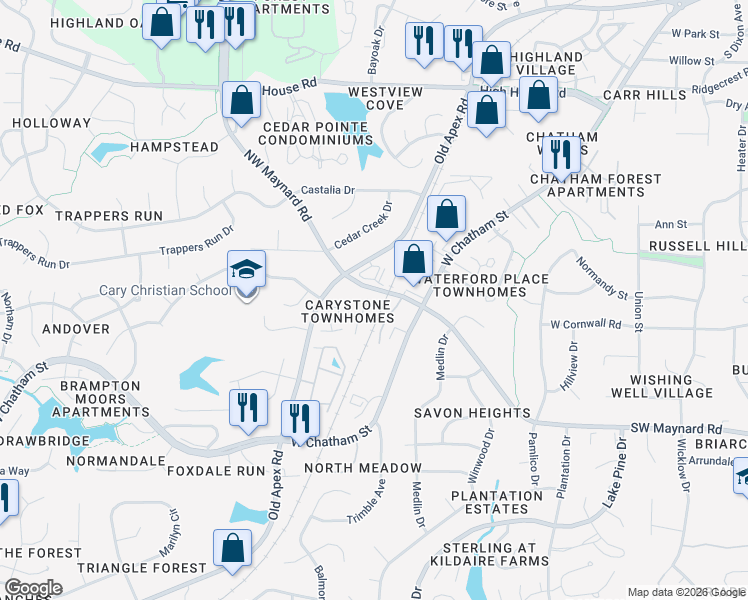 map of restaurants, bars, coffee shops, grocery stores, and more near 119 Candace Place in Cary