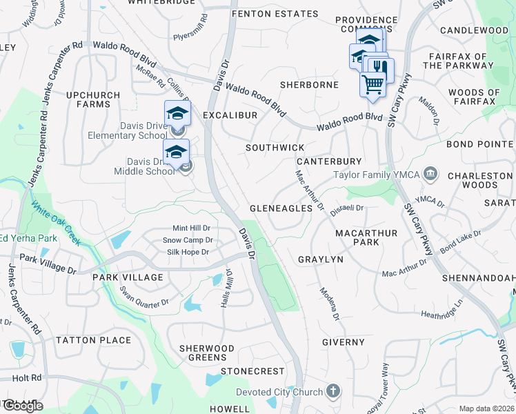 map of restaurants, bars, coffee shops, grocery stores, and more near 105 Dumnonia Court in Cary
