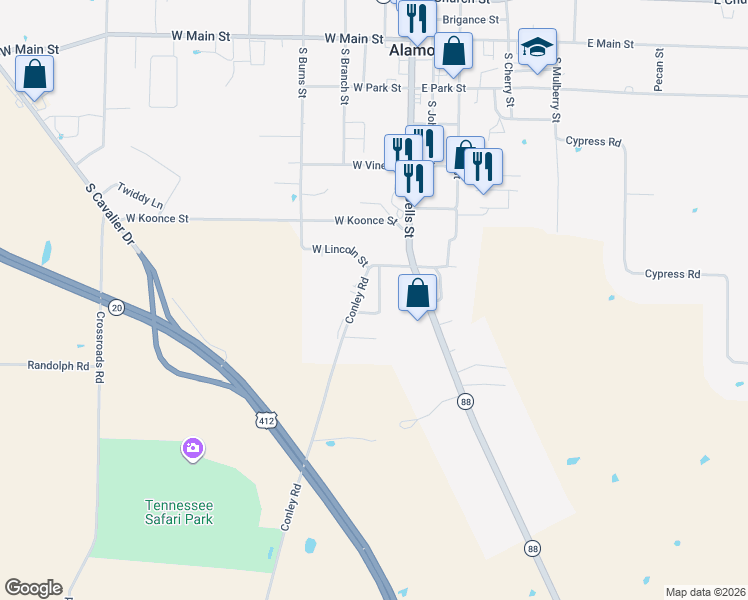 map of restaurants, bars, coffee shops, grocery stores, and more near 51 Conley Road in Alamo