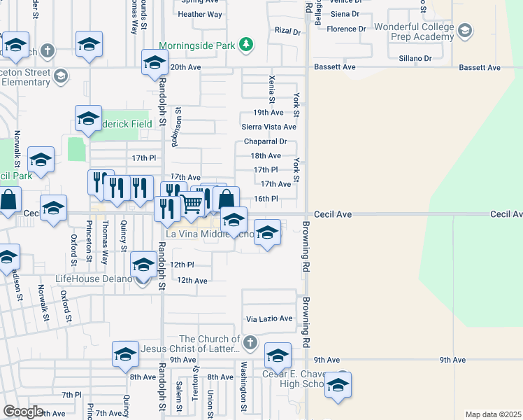 map of restaurants, bars, coffee shops, grocery stores, and more near 1619 Xenia Court in Delano