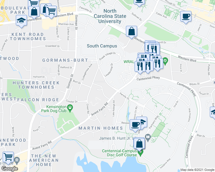map of restaurants, bars, coffee shops, grocery stores, and more near 1532 Varsity Drive in Raleigh