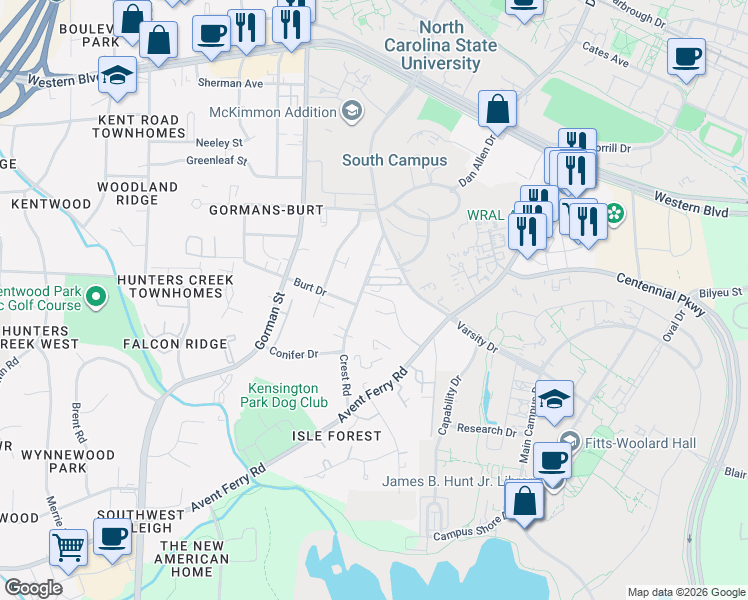 map of restaurants, bars, coffee shops, grocery stores, and more near 1527 Crest Road in Raleigh