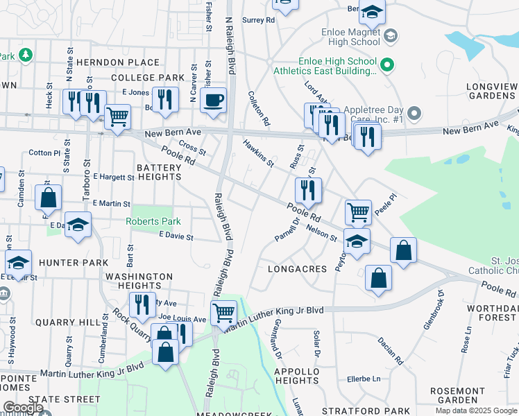 map of restaurants, bars, coffee shops, grocery stores, and more near 217 Angier Avenue in Raleigh
