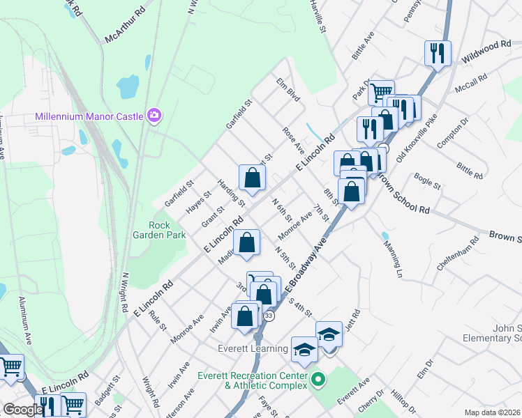 map of restaurants, bars, coffee shops, grocery stores, and more near 707 Lincoln Road in Maryville