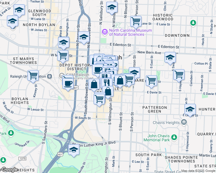 map of restaurants, bars, coffee shops, grocery stores, and more near 301 Fayetteville Street in Raleigh