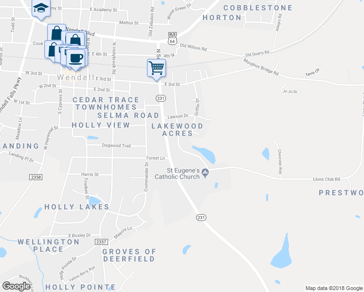 map of restaurants, bars, coffee shops, grocery stores, and more near 225 Lakewood Drive in Wendell