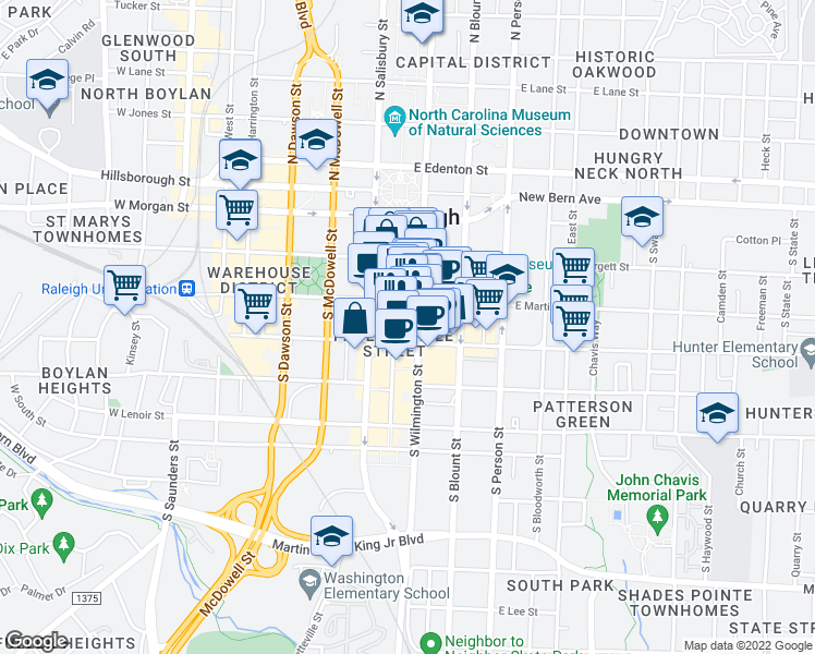 map of restaurants, bars, coffee shops, grocery stores, and more near 301 Fayetteville Street in Raleigh