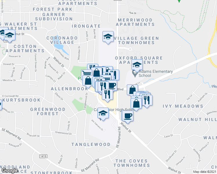 map of restaurants, bars, coffee shops, grocery stores, and more near 701 Cary Towne Boulevard in Cary