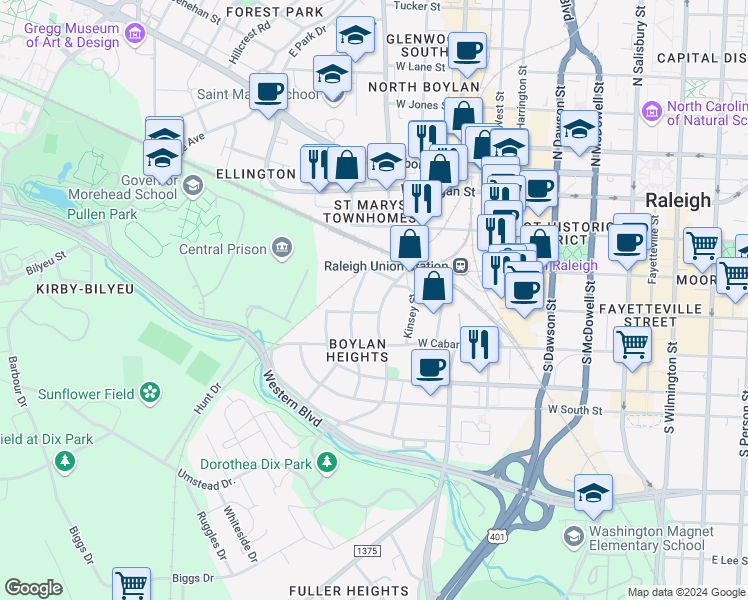 map of restaurants, bars, coffee shops, grocery stores, and more near 308 South Boylan Avenue in Raleigh