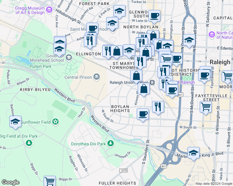 map of restaurants, bars, coffee shops, grocery stores, and more near 316 Cutler Street in Raleigh