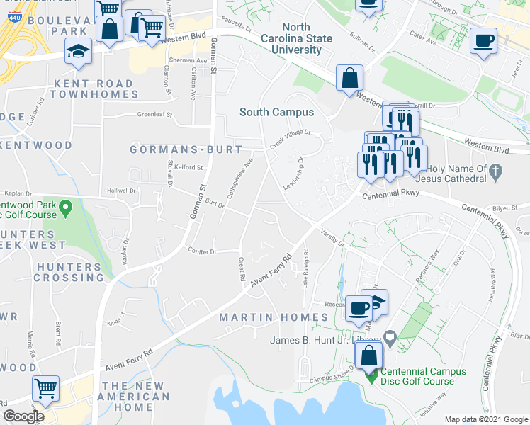 map of restaurants, bars, coffee shops, grocery stores, and more near 1527 Crest Road in Raleigh