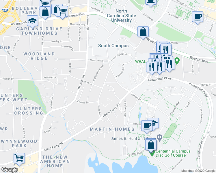map of restaurants, bars, coffee shops, grocery stores, and more near 1527 Crest Road in Raleigh