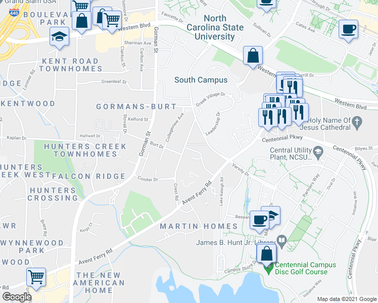 map of restaurants, bars, coffee shops, grocery stores, and more near 1527 Crest Road in Raleigh