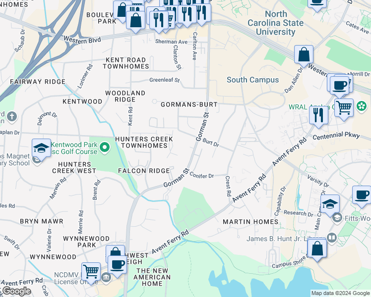 map of restaurants, bars, coffee shops, grocery stores, and more near in Raleigh