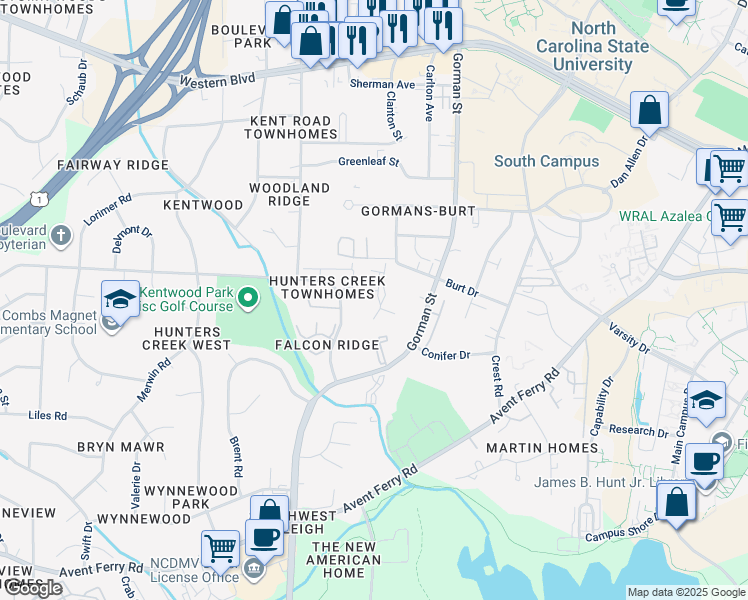 map of restaurants, bars, coffee shops, grocery stores, and more near 1811 Fox Sterling Drive in Raleigh
