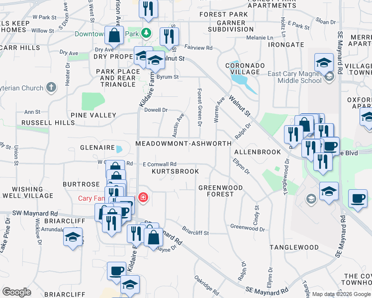 map of restaurants, bars, coffee shops, grocery stores, and more near 218 Meadow Drive in Cary