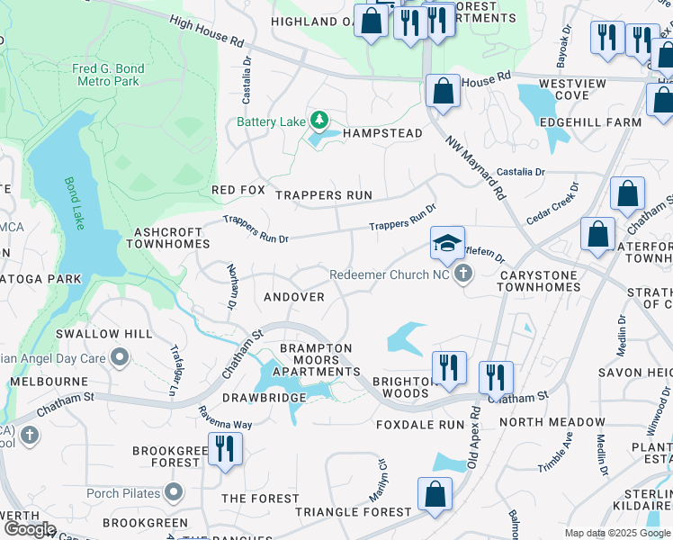 map of restaurants, bars, coffee shops, grocery stores, and more near 112 Trackers Road in Cary