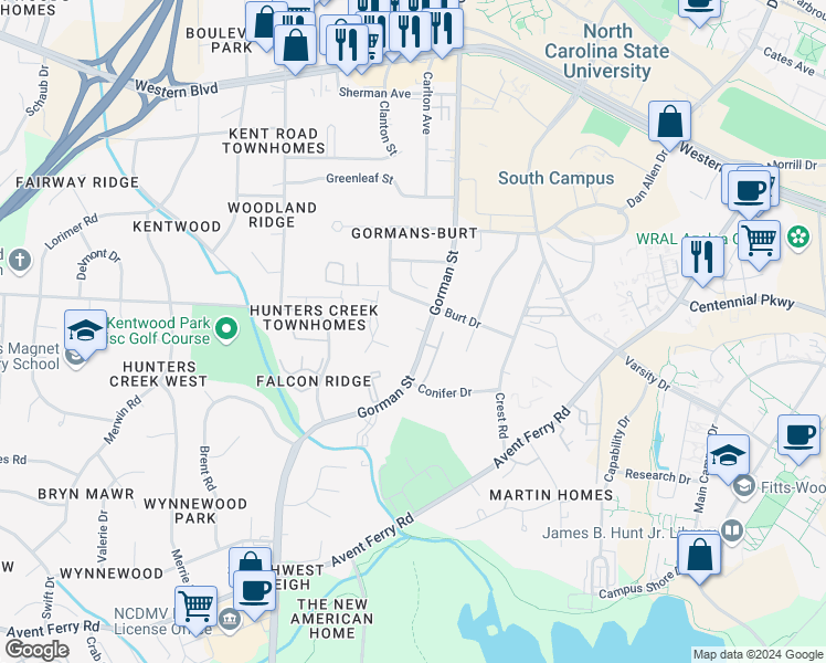 map of restaurants, bars, coffee shops, grocery stores, and more near 3815 Lupton Circle in Raleigh