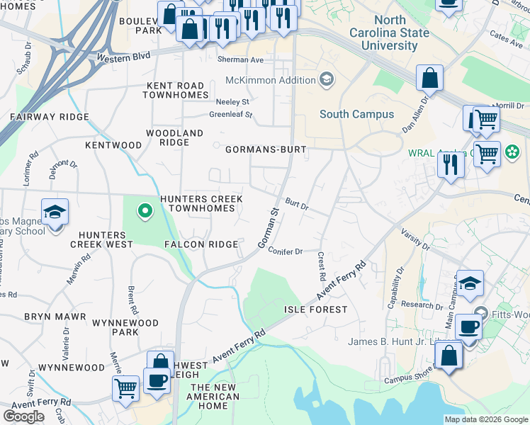 map of restaurants, bars, coffee shops, grocery stores, and more near in Raleigh