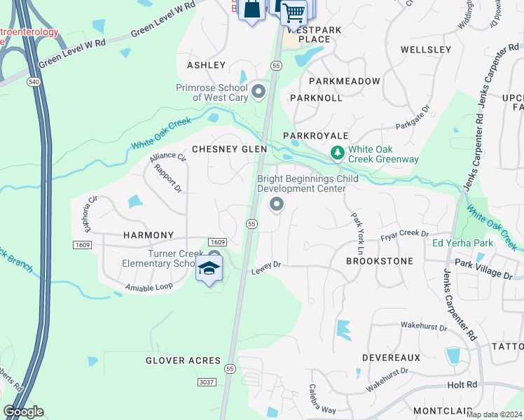 map of restaurants, bars, coffee shops, grocery stores, and more near 2404 North Carolina 55 in Cary
