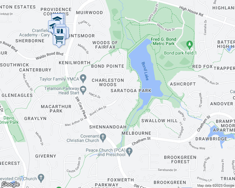 map of restaurants, bars, coffee shops, grocery stores, and more near 217 Custer Trail in Cary
