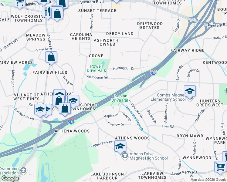 map of restaurants, bars, coffee shops, grocery stores, and more near 1009 Powell Drive in Raleigh