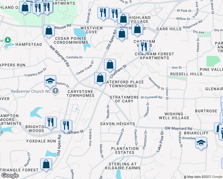 map of restaurants, bars, coffee shops, grocery stores, and more near 335 Danforth Drive in Cary