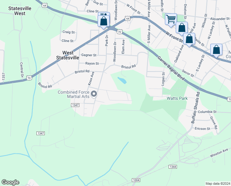 map of restaurants, bars, coffee shops, grocery stores, and more near 1713 Younger Avenue in Statesville