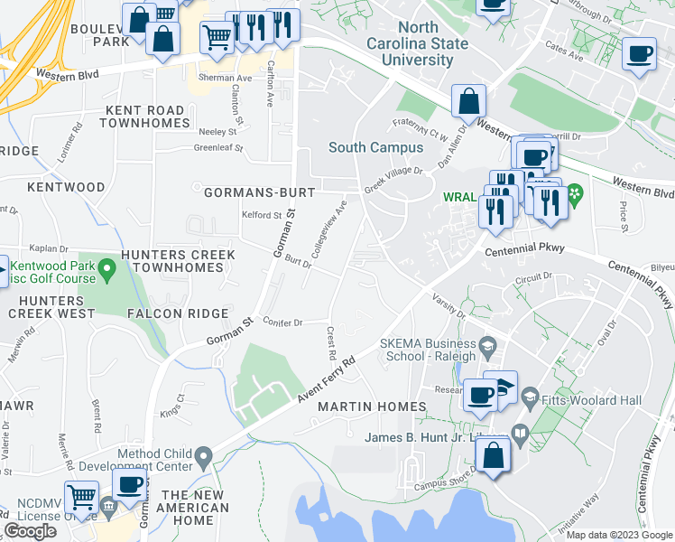 map of restaurants, bars, coffee shops, grocery stores, and more near 3612 Burt Drive in Raleigh