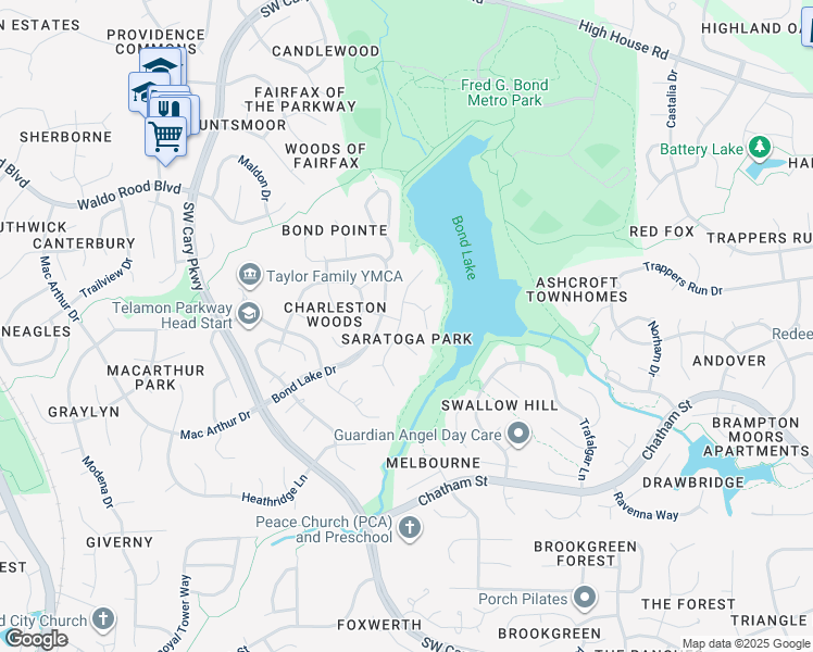 map of restaurants, bars, coffee shops, grocery stores, and more near 100 Crosswind Drive in Cary