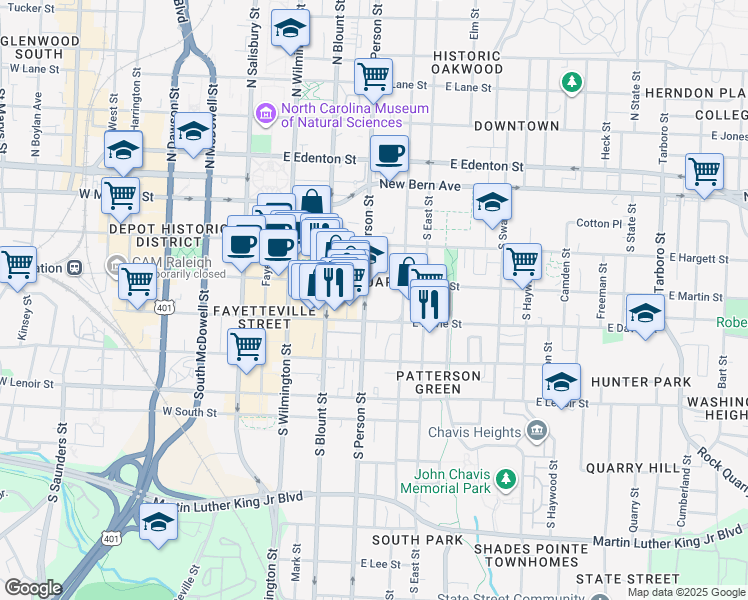 map of restaurants, bars, coffee shops, grocery stores, and more near 301 South Person Street in Raleigh