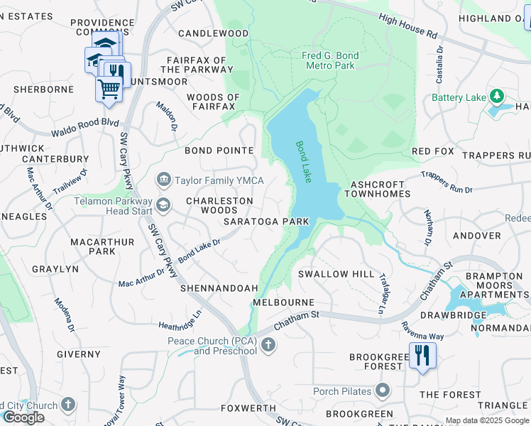 map of restaurants, bars, coffee shops, grocery stores, and more near 100 Crosswind Drive in Cary