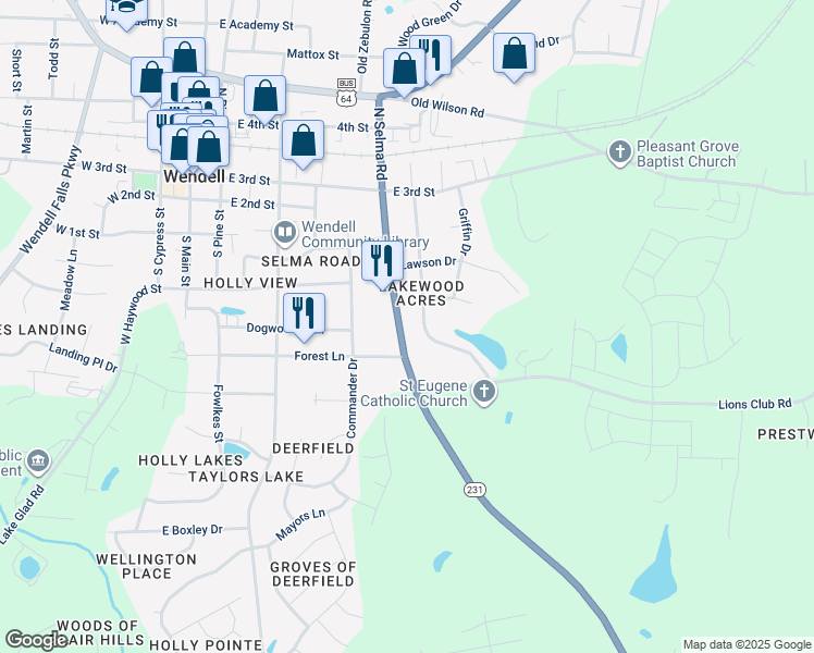 map of restaurants, bars, coffee shops, grocery stores, and more near 245 South Selma Road in Wendell