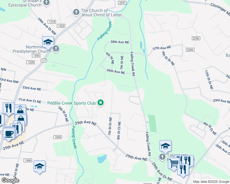 map of restaurants, bars, coffee shops, grocery stores, and more near 3320 7th Street Drive Northeast in Hickory