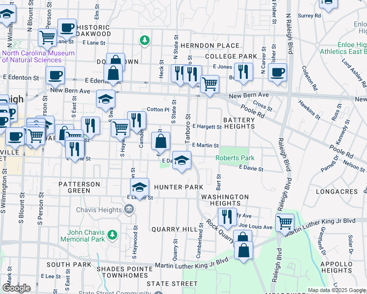 map of restaurants, bars, coffee shops, grocery stores, and more near 1016 East Martin Street in Raleigh