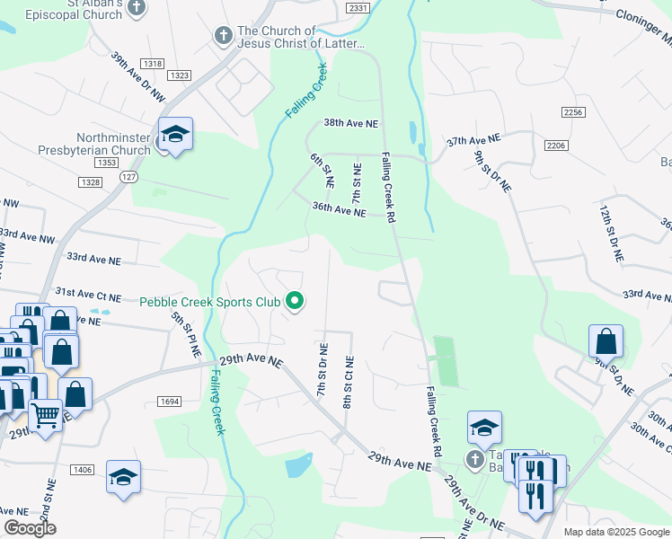 map of restaurants, bars, coffee shops, grocery stores, and more near 3320 7th Street Drive Northeast in Hickory
