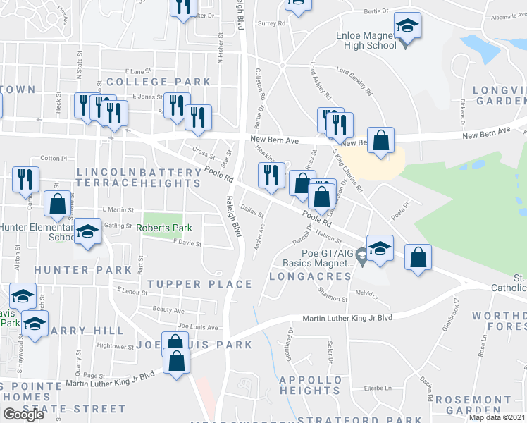 map of restaurants, bars, coffee shops, grocery stores, and more near 1828 Poole Road in Raleigh