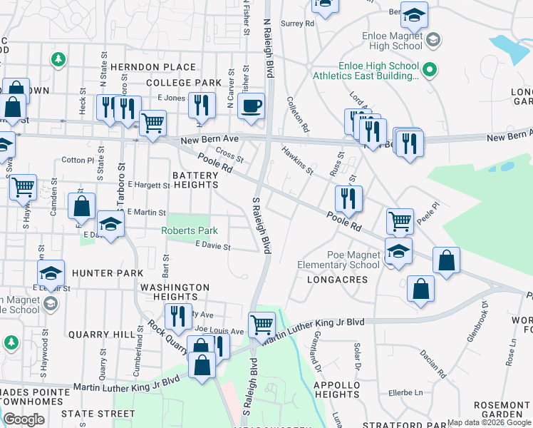 map of restaurants, bars, coffee shops, grocery stores, and more near 1701 Dallas Street in Raleigh