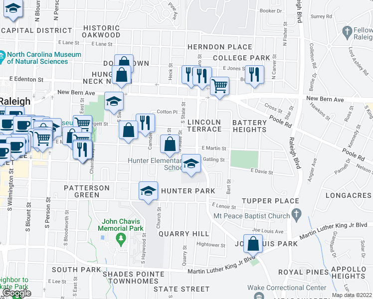 map of restaurants, bars, coffee shops, grocery stores, and more near 911 East Martin Street in Raleigh