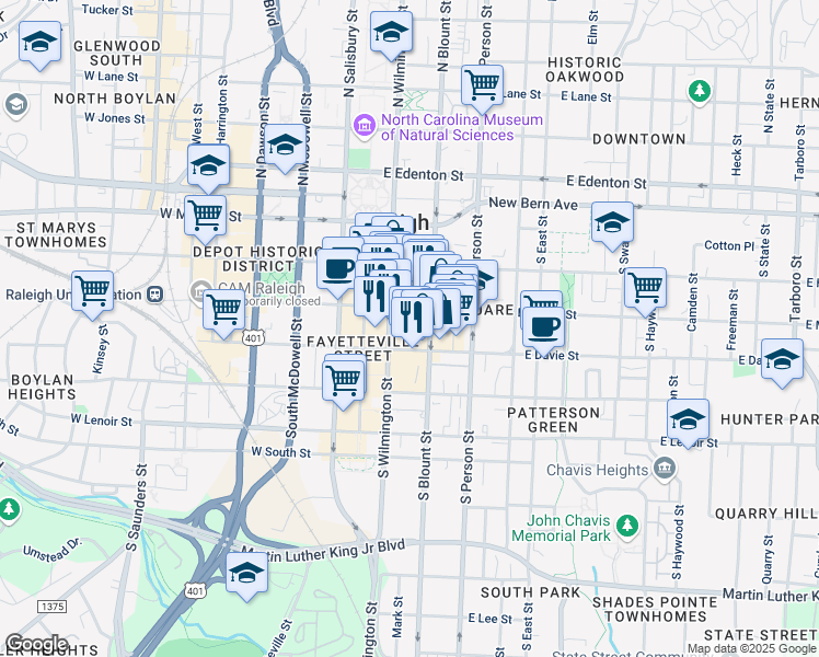 map of restaurants, bars, coffee shops, grocery stores, and more near 120 East Martin Street in Raleigh