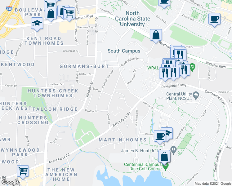 map of restaurants, bars, coffee shops, grocery stores, and more near 1527 Crest Road in Raleigh